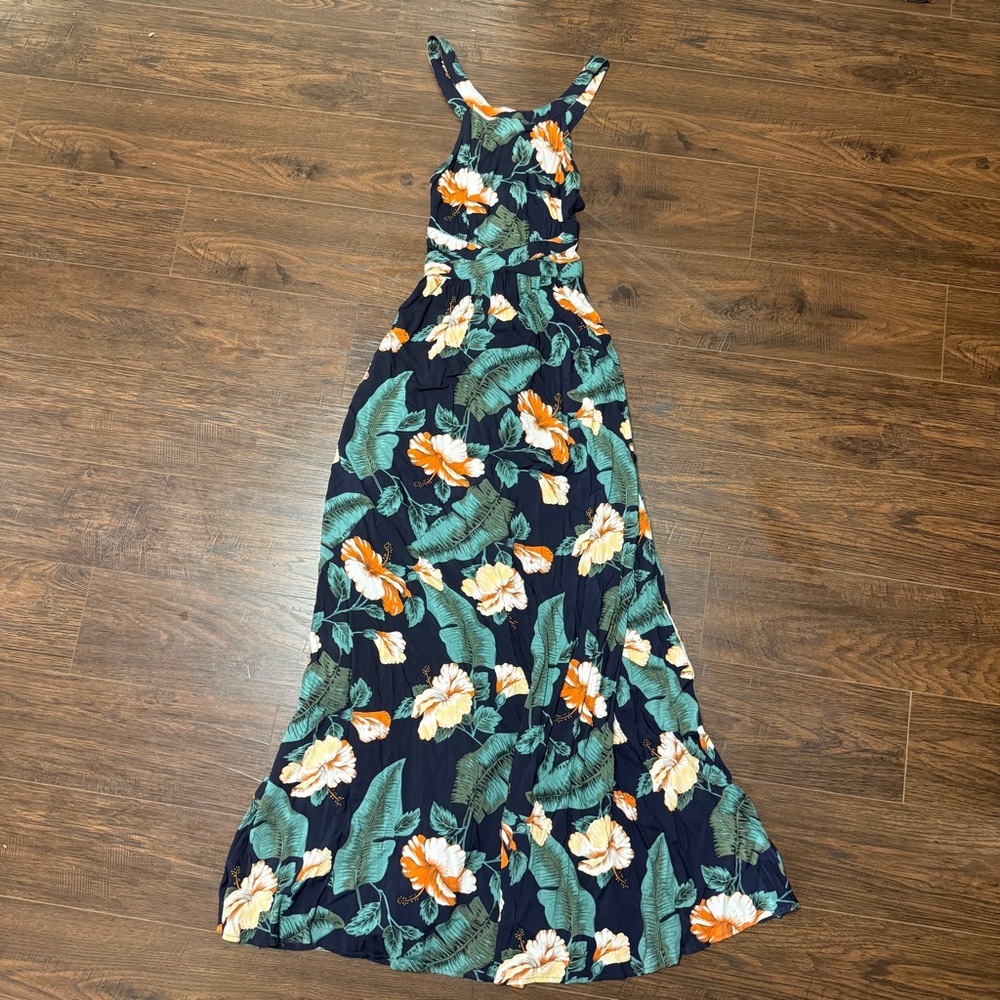 NWT TROPICAL LIVING MAXI DRESS BLUE GREEN BLACK TAN OPEN CRISS CROSS BACK TIE